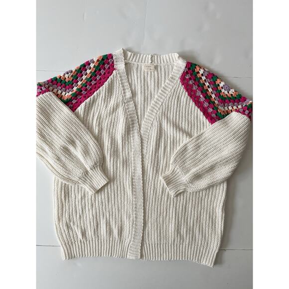 Dreamers By Debut Open Cardigan Sweater Women M/L White Colorful Crochet Sleeves - Picture 1 of 8